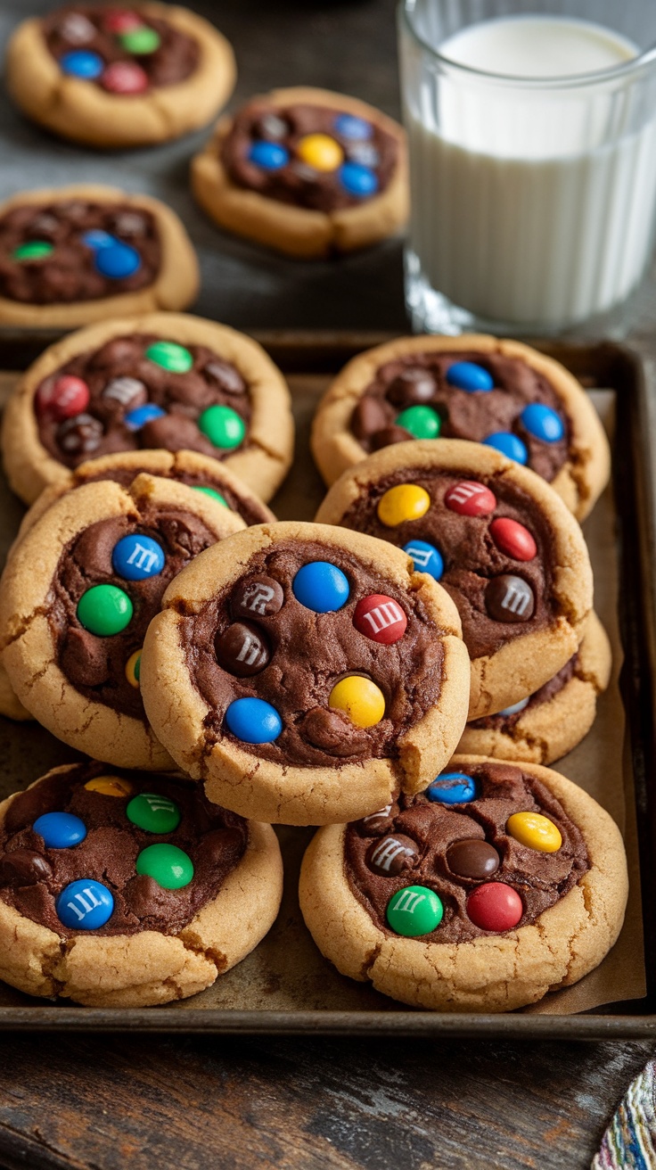 A close-up of colorful Chocolate M&M cookies on a wooden tray, with some M&Ms scattered around.